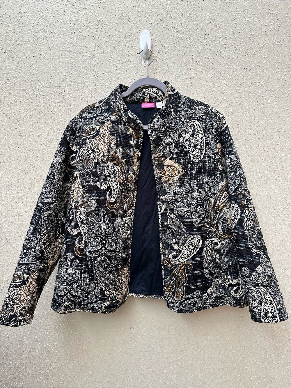 Pappagallo Women’s XL Paisley Collared Button Quilted Jacket Black Brown Pockets